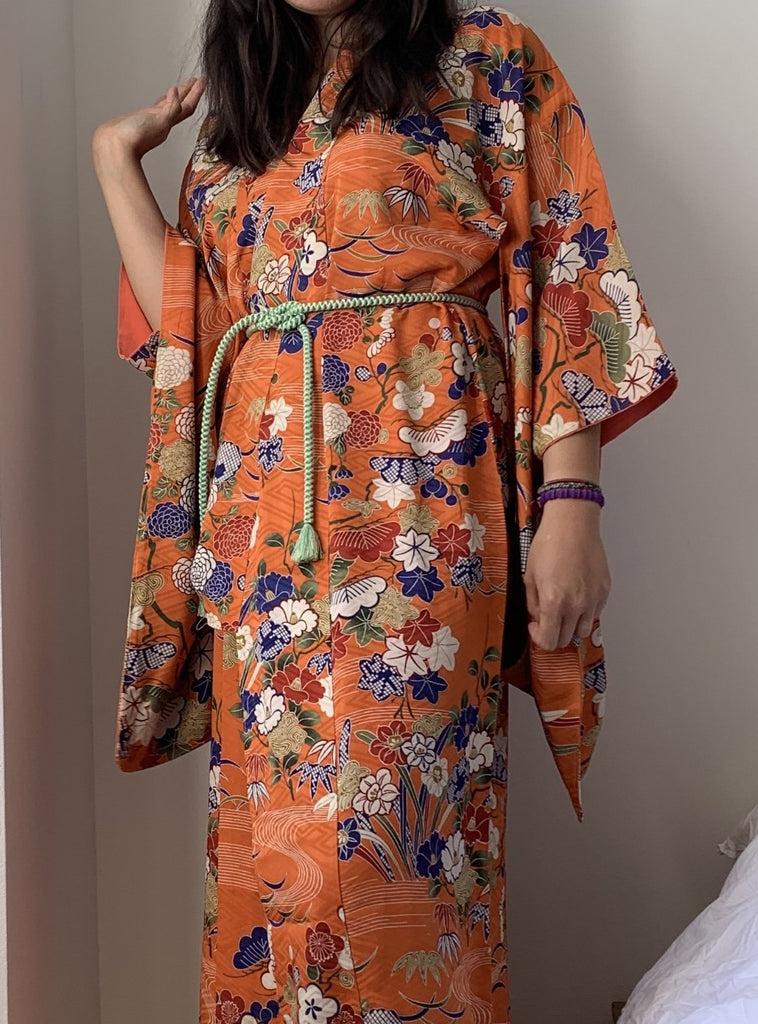 Chihiro - Orange floral print silk kimono