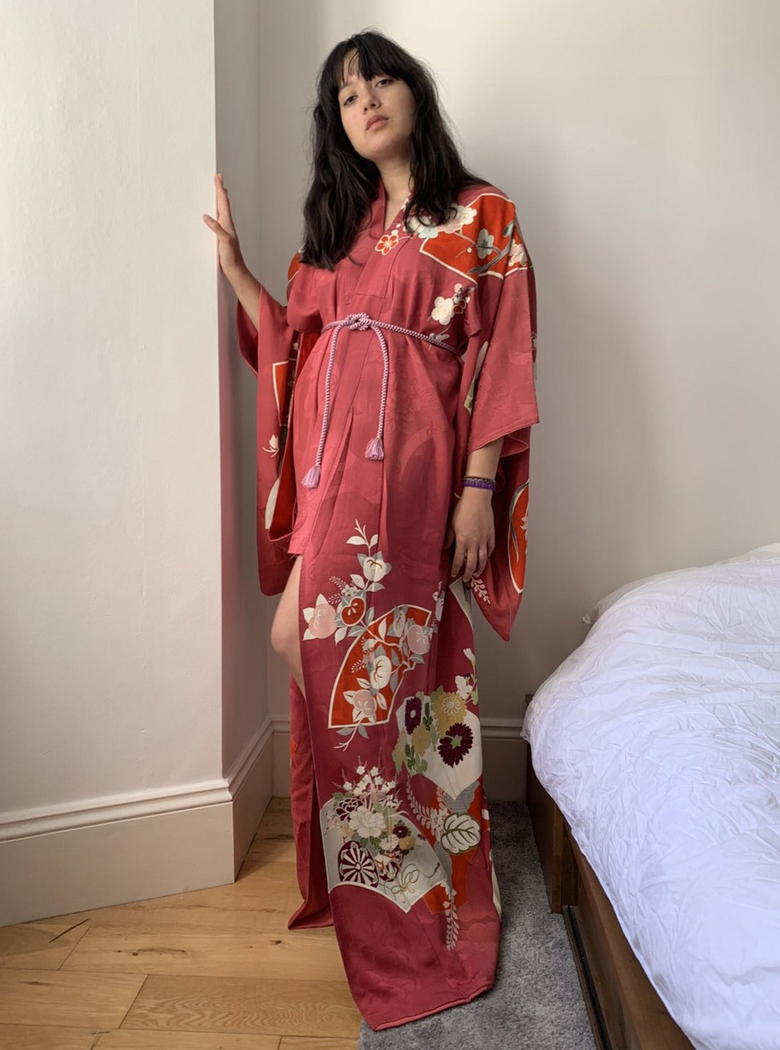 Fuji - Cerise pink floral silk kimono