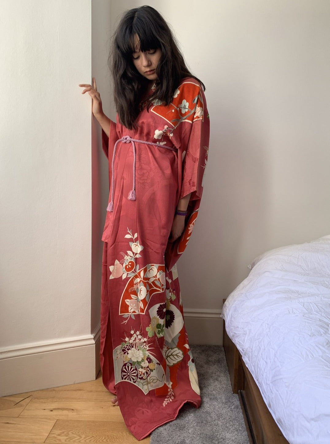 Fuji - Cerise pink floral silk kimono