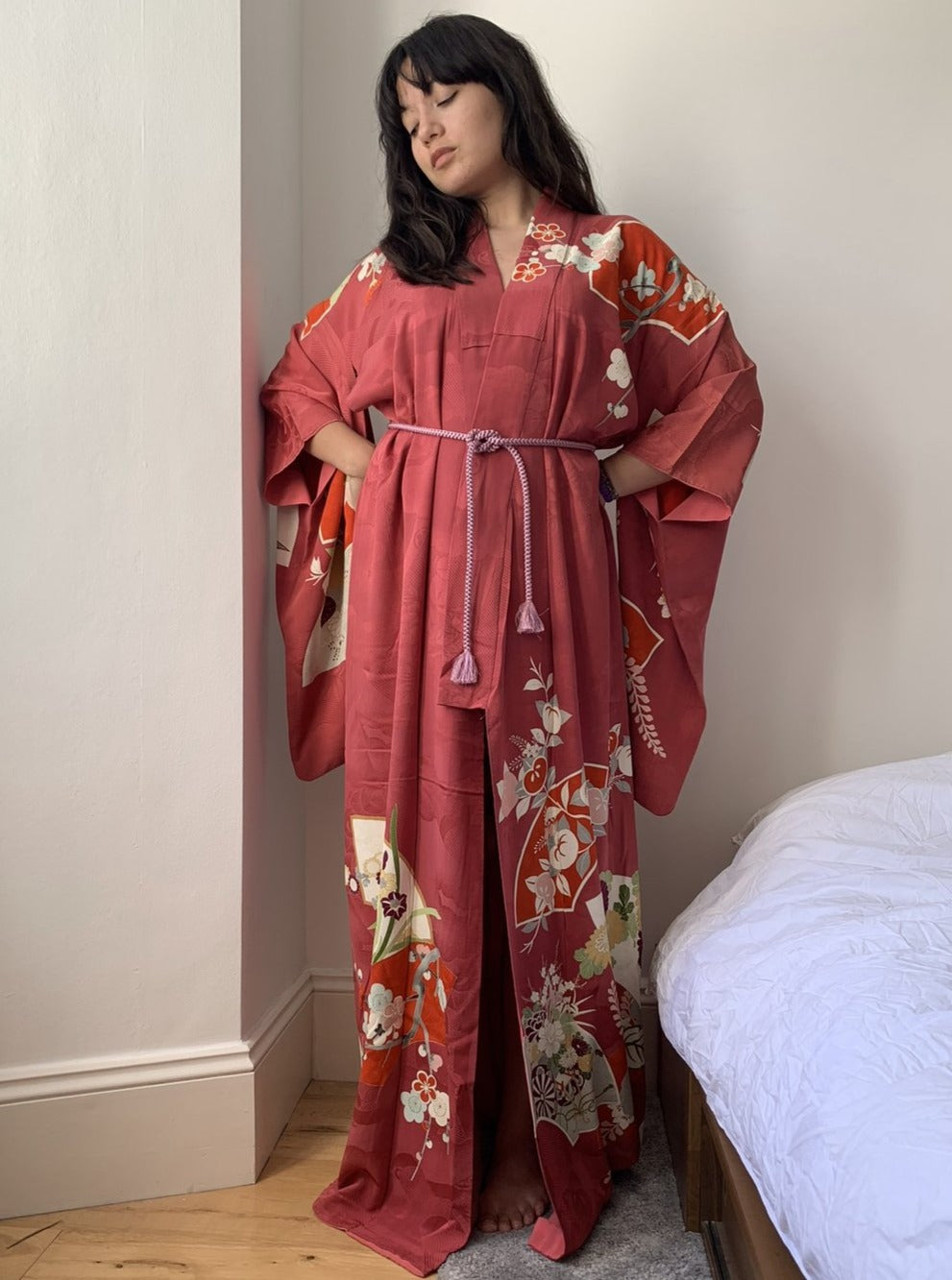 Fuji - Cerise pink floral silk kimono