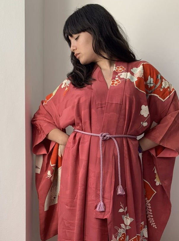 Fuji - Cerise pink floral silk kimono