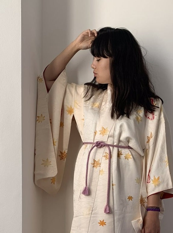 Yukiko - Designer silk ivory gold kimono