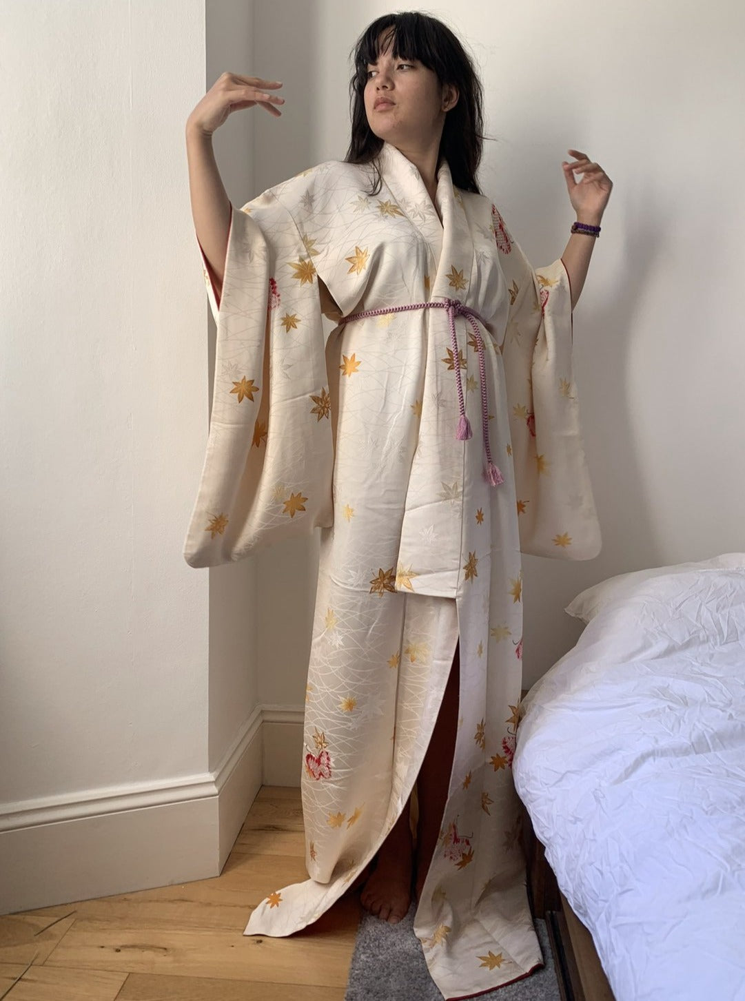 Yukiko - Designer silk ivory gold kimono