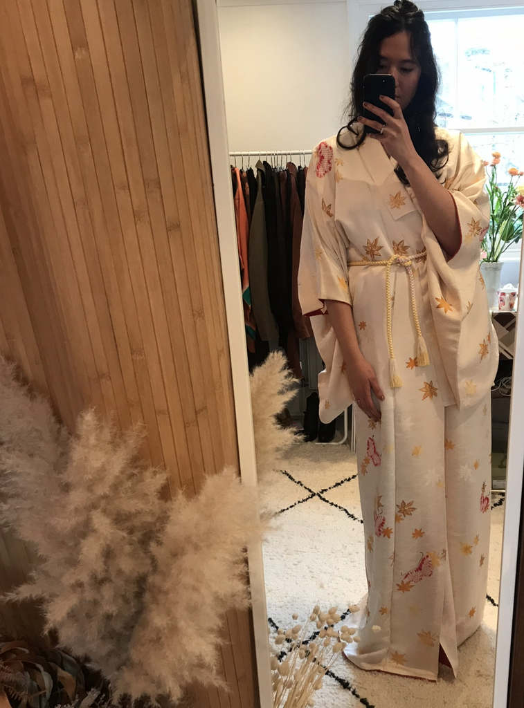 Yukiko - Designer silk ivory gold kimono