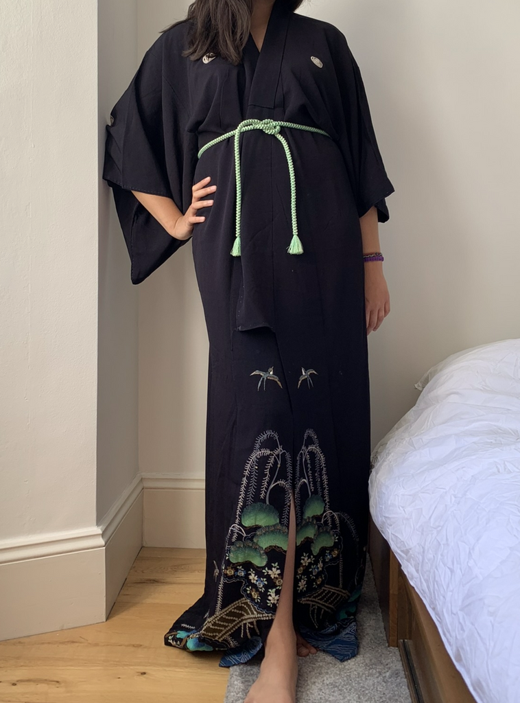 Suzume - Sparrow motif kurotomesode silk kimono