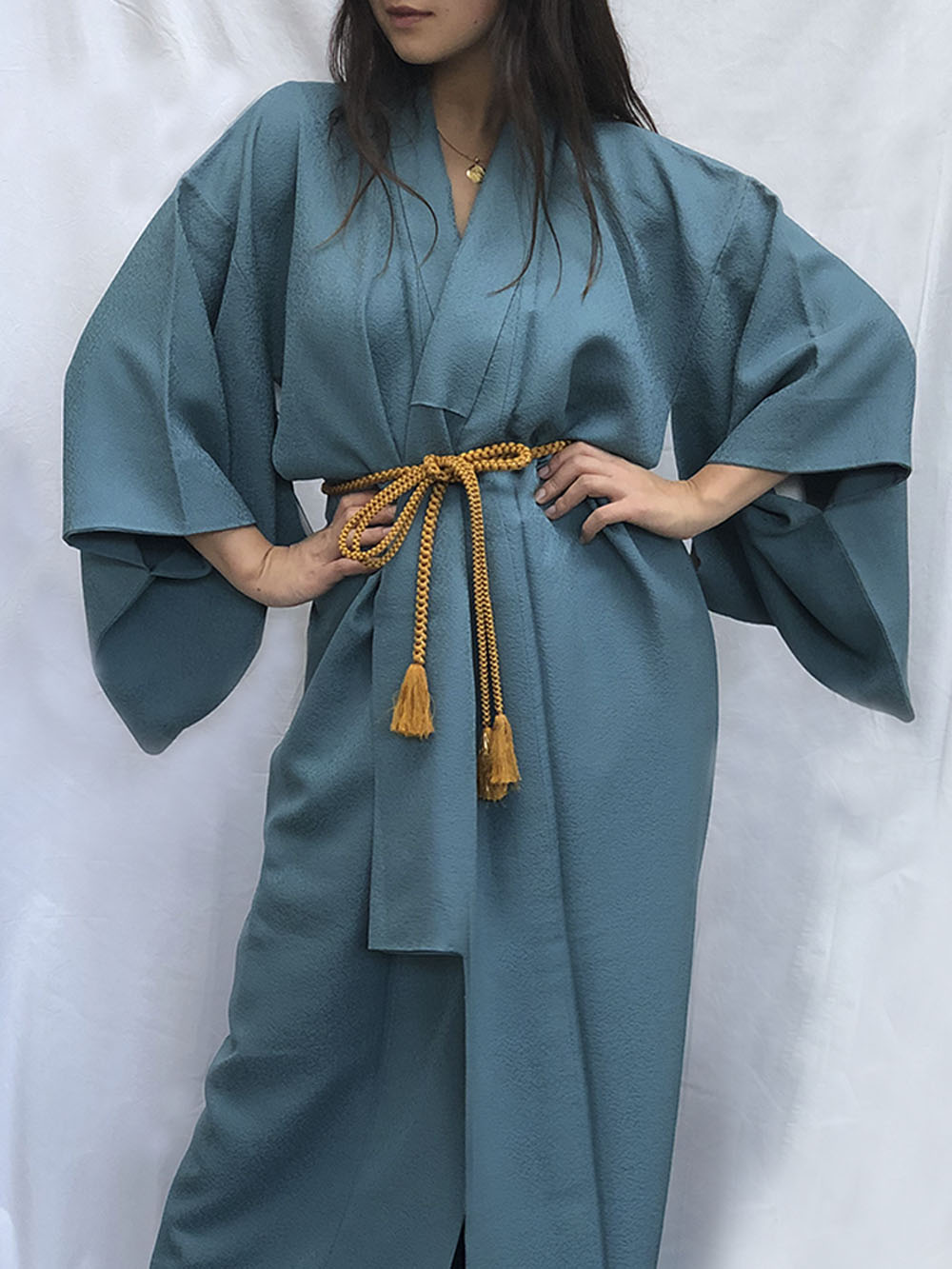 Aoyama Peacock blue plain silk kimono Maison Asa