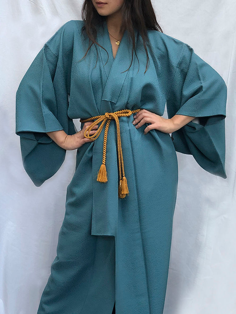 Aoyama - Peacock blue plain silk kimono
