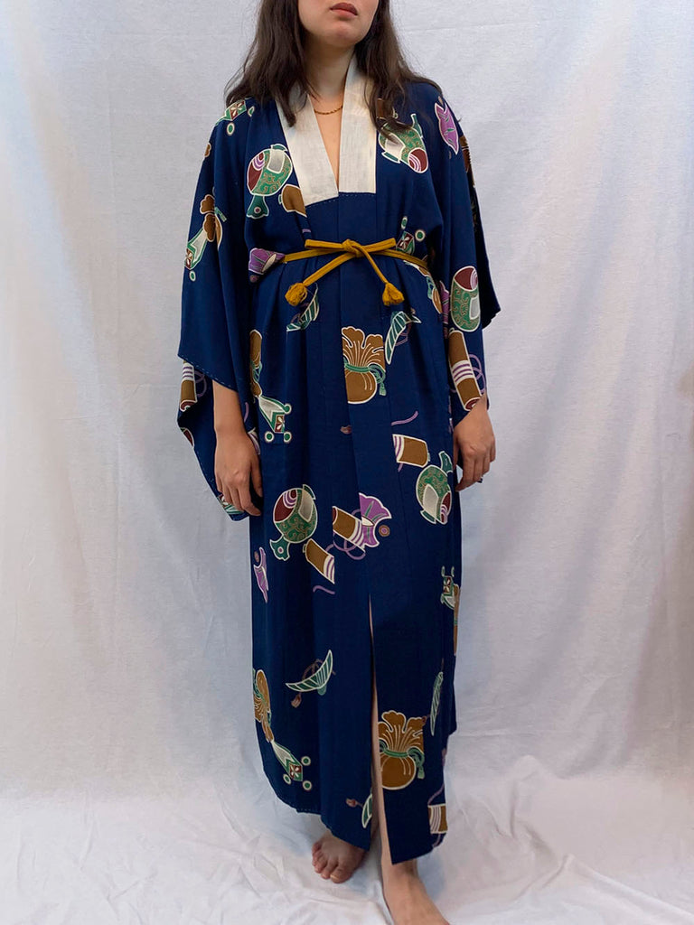 Hisako - Navy patterned silk nagajuban kimono