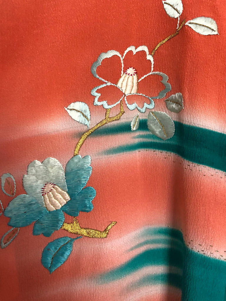 Momoko - Peach & emerald green silk haori kimono